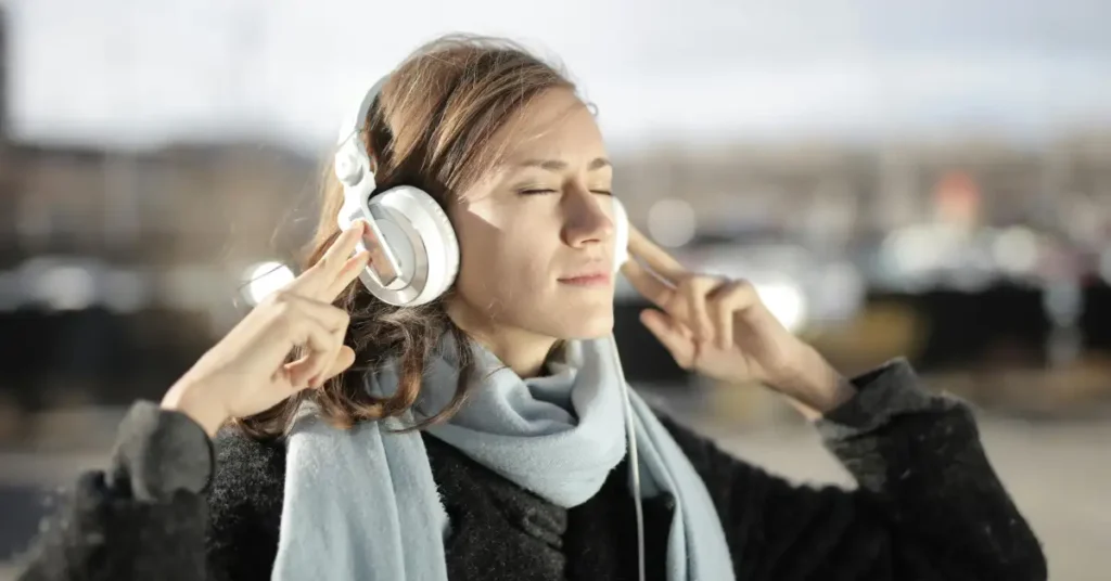 A lady wearing the best headset