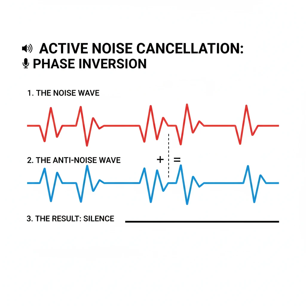 Technical diagram illustrating Active Noise Cancellation (ANC) via phase inversion, featuring an ambient noise wave, a 180-degree out-of-phase anti-noise signal, and the resulting destructive interference for sound suppression.