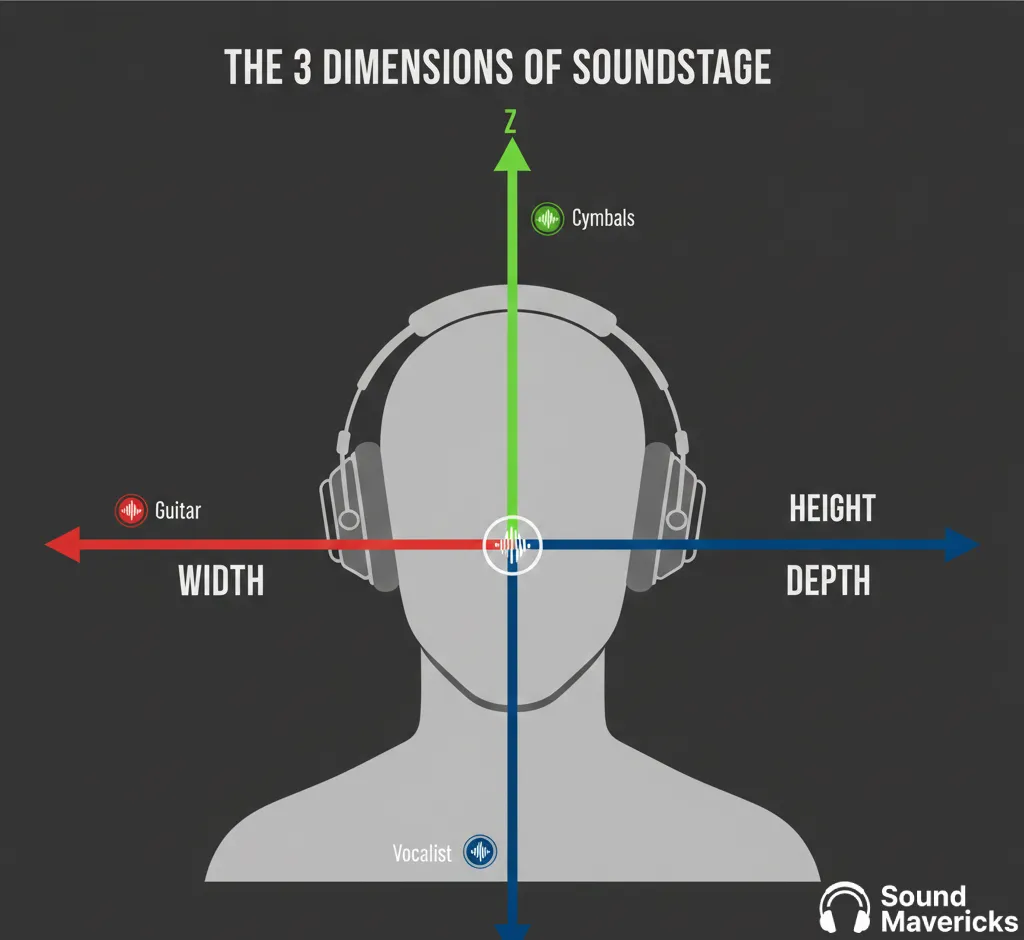 The 3 Dimensions of Sound. This graphic shows a simple diagram of a listener with axes (X, Y, Z) indicating Width, Depth, and Height of sound, making the abstract concept of 3D audio more concrete.